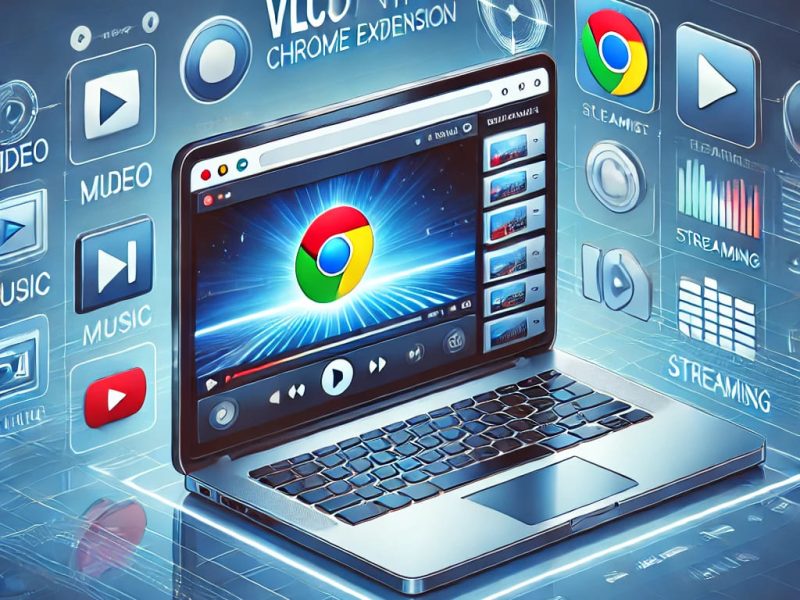 Illustration of a laptop displaying the VLConline Chrome extension interface, with multimedia playback features, playlist management, and streaming options. Surrounding the laptop are icons representing video, music, and streaming formats, emphasizing seamless media access. The design has a modern, tech-inspired look with a blue and white color scheme.