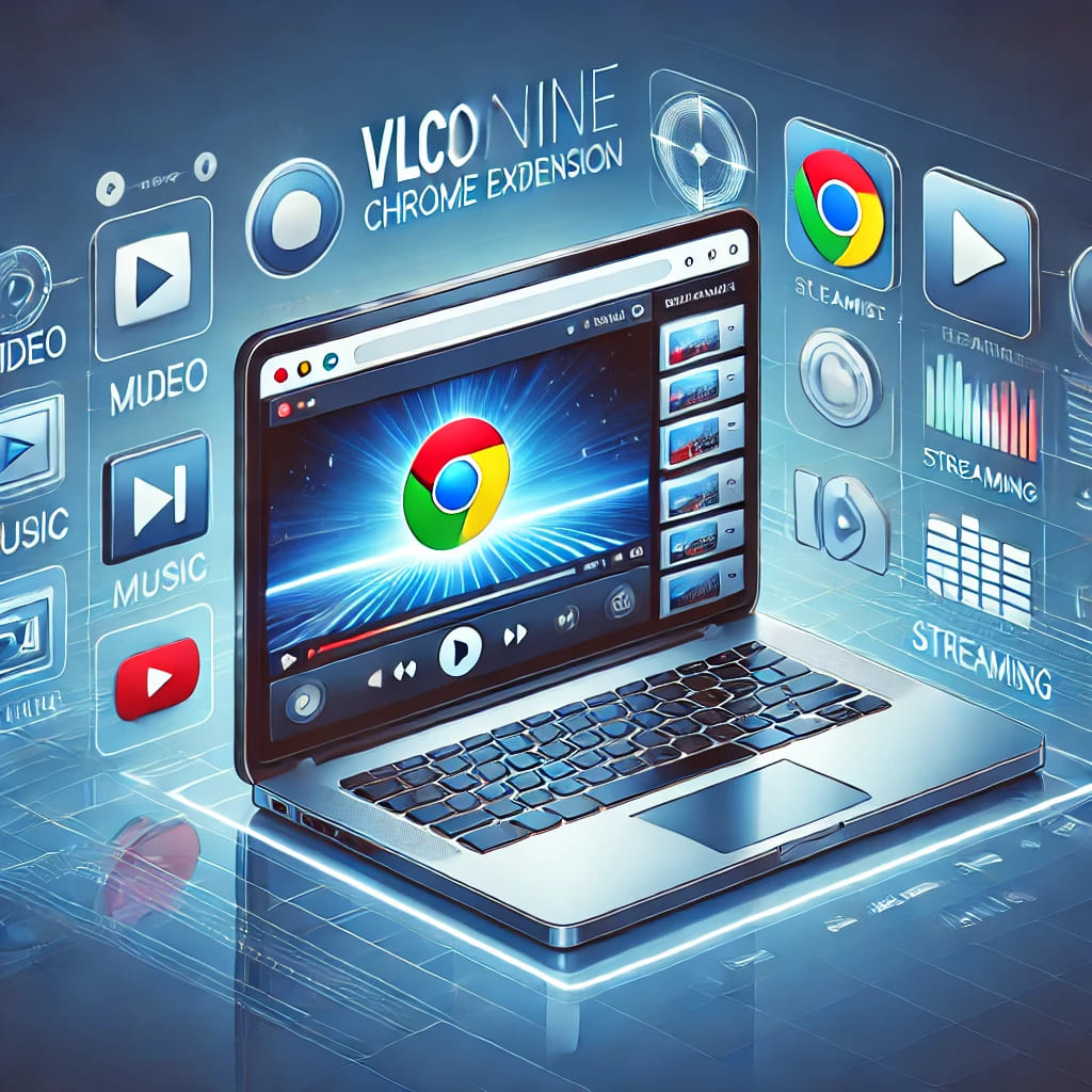 Illustration of a laptop displaying the VLConline Chrome extension interface, with multimedia playback features, playlist management, and streaming options. Surrounding the laptop are icons representing video, music, and streaming formats, emphasizing seamless media access. The design has a modern, tech-inspired look with a blue and white color scheme.