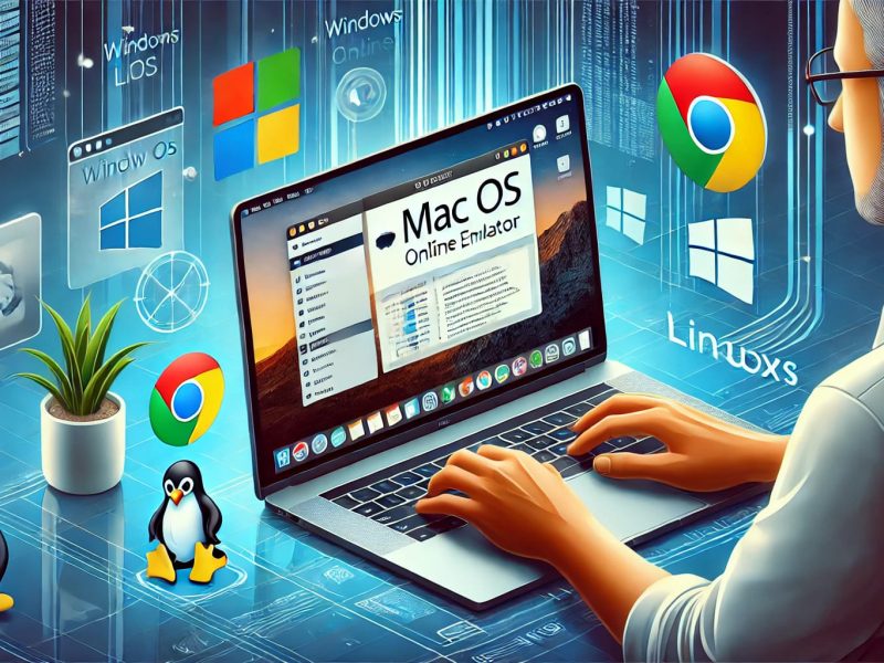 Illustration of a person using a Mac OS online emulator on a laptop via a web browser, displaying a Mac-like interface with a sleek dock and application icons. Surrounding the laptop are symbols representing cross-platform compatibility, including Windows and Linux logos, and browser icons such as Chrome and Firefox. The background features a modern, minimalist workspace emphasizing productivity and innovation.