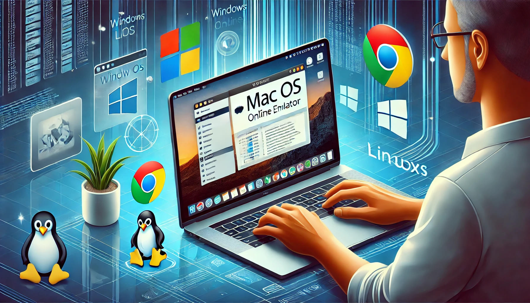 Illustration of a person using a Mac OS online emulator on a laptop via a web browser, displaying a Mac-like interface with a sleek dock and application icons. Surrounding the laptop are symbols representing cross-platform compatibility, including Windows and Linux logos, and browser icons such as Chrome and Firefox. The background features a modern, minimalist workspace emphasizing productivity and innovation.