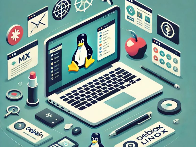 Illustration of a laptop displaying the MX Linux desktop environment with the Xfce interface. Surrounding the laptop are icons representing key features such as stability, performance, and customization. The background conveys a professional yet approachable vibe, appealing to both beginners and experienced users, with a subtle Debian logo highlighting its foundation.