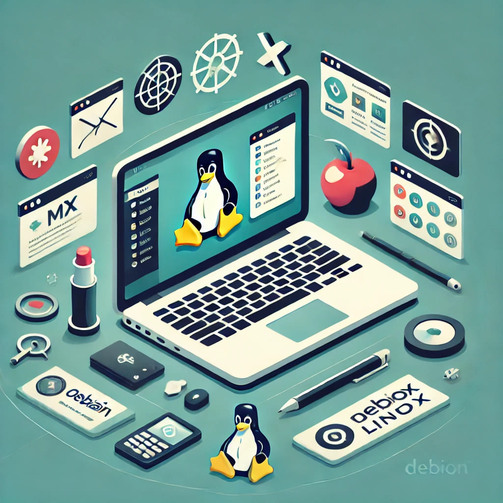 Illustration of a laptop displaying the MX Linux desktop environment with the Xfce interface. Surrounding the laptop are icons representing key features such as stability, performance, and customization. The background conveys a professional yet approachable vibe, appealing to both beginners and experienced users, with a subtle Debian logo highlighting its foundation.