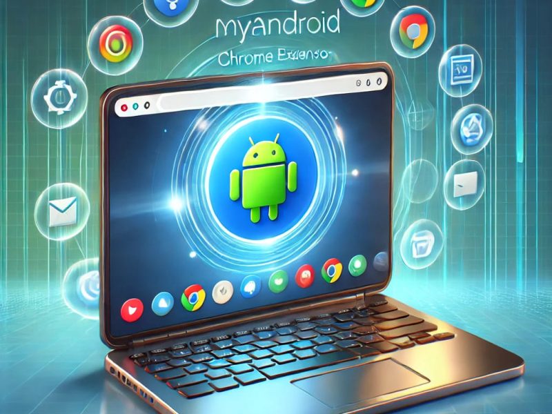 A laptop screen displaying the interface of the MyAndroid Chrome extension, surrounded by glowing Android app icons. The background features a modern gradient of blue and green, emphasizing technology and seamless integration of Android apps on a computer