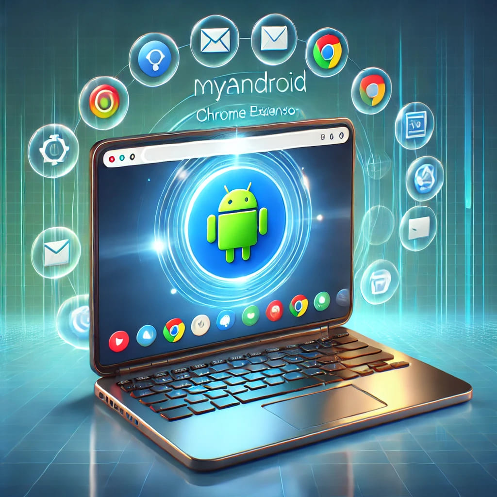 A laptop screen displaying the interface of the MyAndroid Chrome extension, surrounded by glowing Android app icons. The background features a modern gradient of blue and green, emphasizing technology and seamless integration of Android apps on a computer