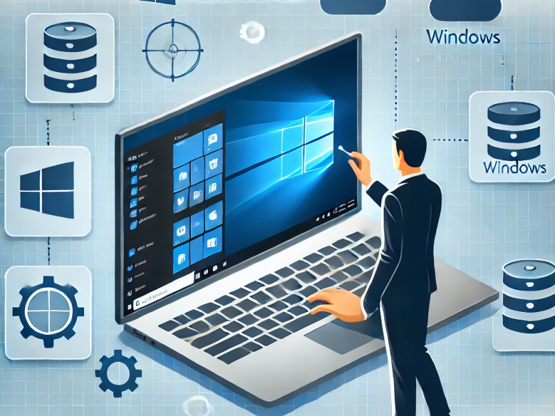 Illustration of a person using an online Windows emulator on a laptop with the OnWorks platform. The laptop screen displays a Windows interface within a web browser, surrounded by cloud and server icons, symbolizing online tools and accessibility, set against a bright and modern background