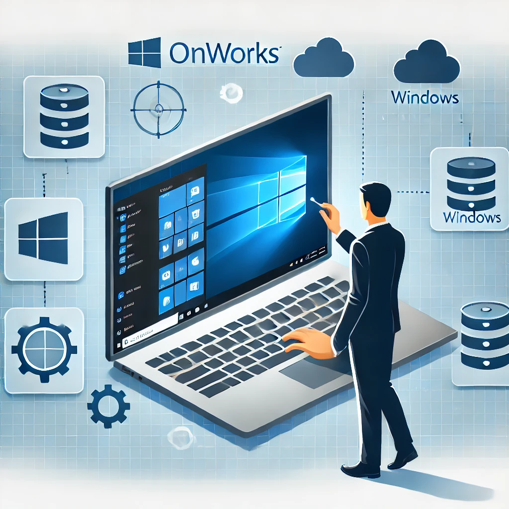 Illustration of a person using an online Windows emulator on a laptop with the OnWorks platform. The laptop screen displays a Windows interface within a web browser, surrounded by cloud and server icons, symbolizing online tools and accessibility, set against a bright and modern background