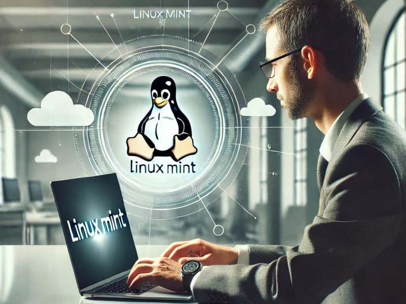 A professional digital illustration of a person in business attire using a laptop in a modern office. The laptop screen displays 'Linux Mint' in a minimalist design, while subtle cloud elements in the background represent the OnWorks platform.