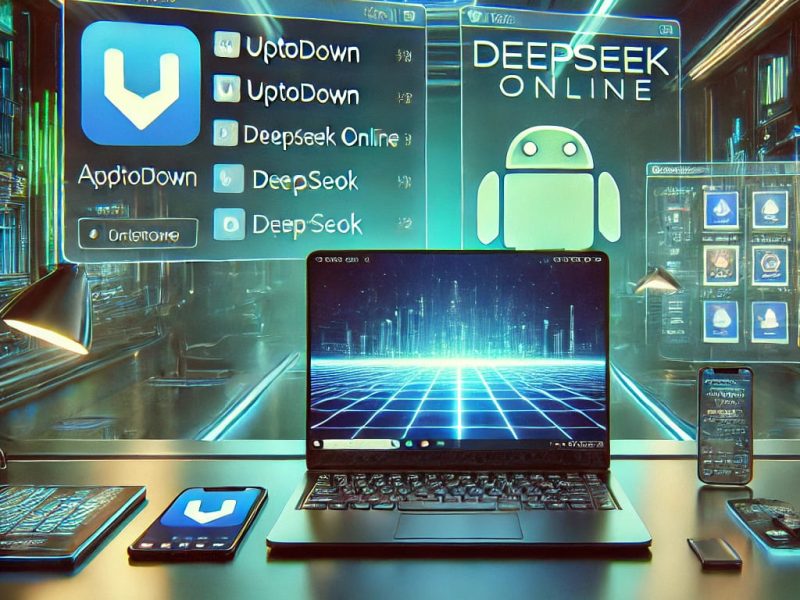 Futuristic digital illustration of an Android emulator running on a laptop, displaying the Uptodown app store with DeepSeek Online being installed. The scene features a sleek, modern tech workspace with neon blue and green lighting, multiple screens, and a streamlined digital workflow, emphasizing seamless software integration and innovation.