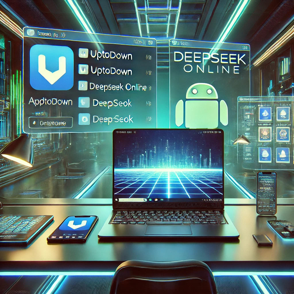 Futuristic digital illustration of an Android emulator running on a laptop, displaying the Uptodown app store with DeepSeek Online being installed. The scene features a sleek, modern tech workspace with neon blue and green lighting, multiple screens, and a streamlined digital workflow, emphasizing seamless software integration and innovation.