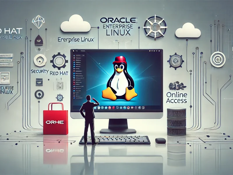 Illustration of an Oracle RHEL (Red Hat Enterprise Linux) online workstation. The image features a sleek computer screen displaying the RHEL desktop environment with the Red Hat logo, cloud icons symbolizing online access, and a user interacting with the system. The background includes abstract tech elements representing security, reliability, and enterprise-grade performance, with a clean, minimalistic design.