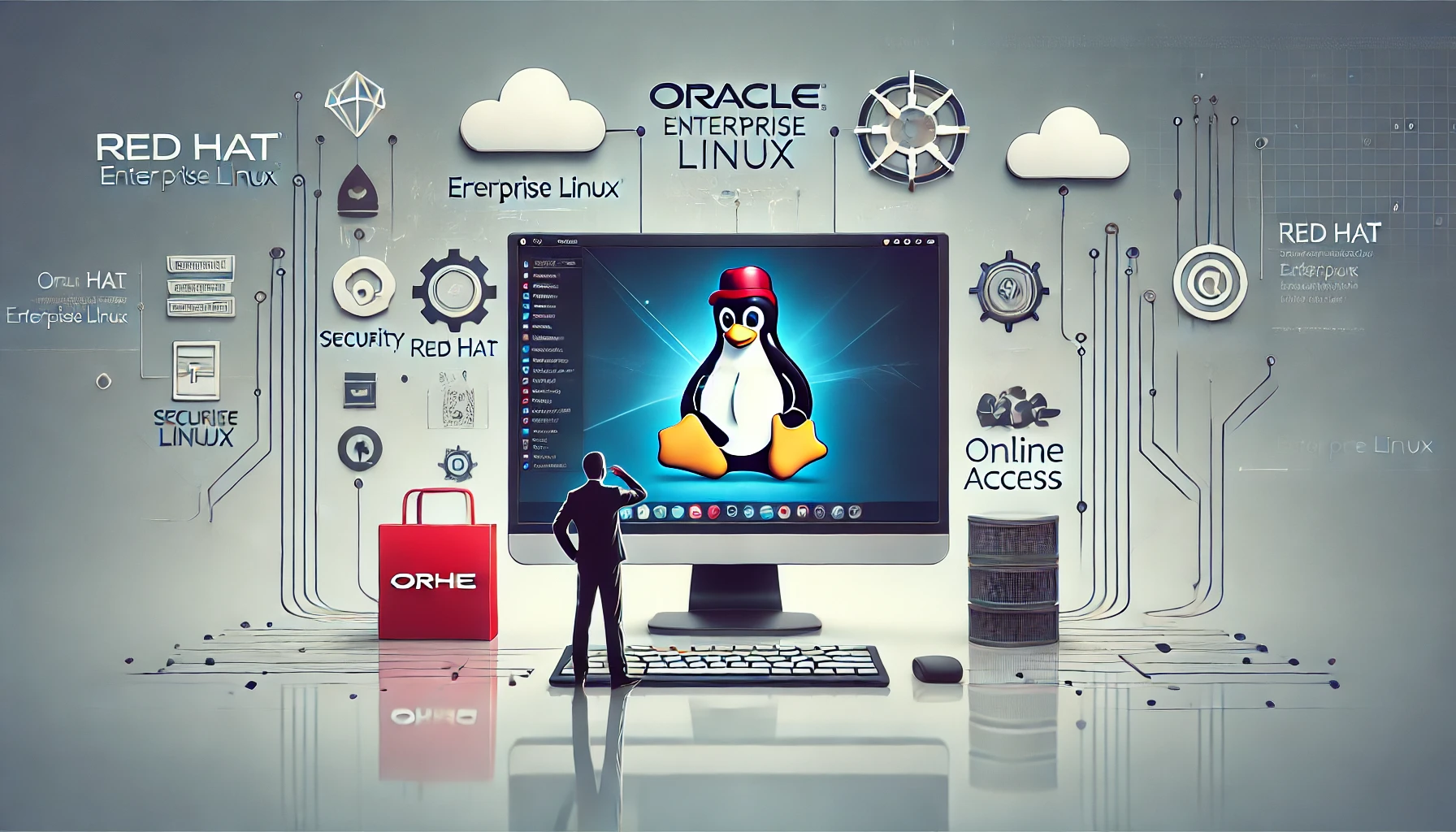 Illustration of an Oracle RHEL (Red Hat Enterprise Linux) online workstation. The image features a sleek computer screen displaying the RHEL desktop environment with the Red Hat logo, cloud icons symbolizing online access, and a user interacting with the system. The background includes abstract tech elements representing security, reliability, and enterprise-grade performance, with a clean, minimalistic design.