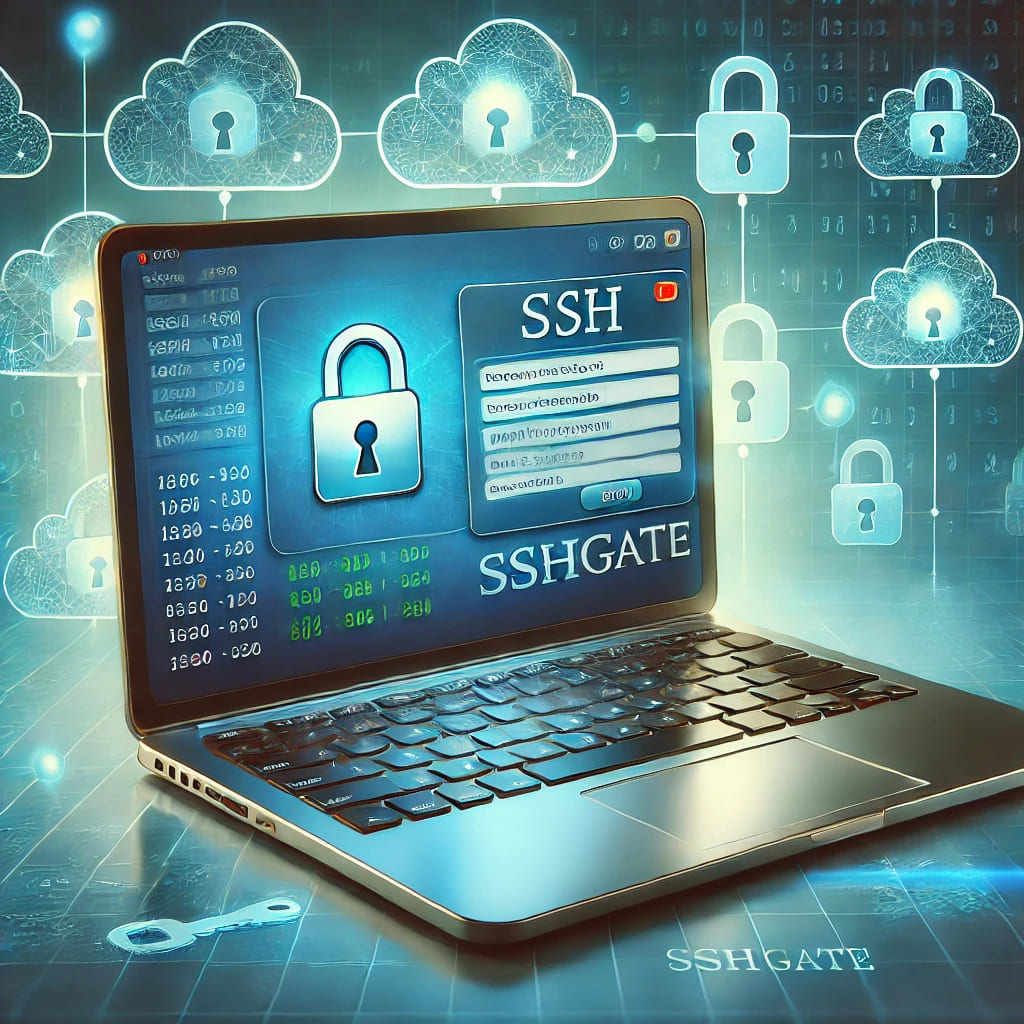 Illustration of a secure SSH connection interface in a web browser, featuring an encrypted terminal on a laptop screen with cloud network and security lock icons.