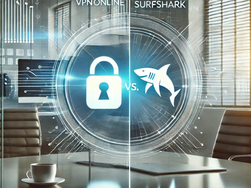 Professional comparison of VPNonline vs. Surfshark VPN. The image features a secure digital symbol representing VPNonline and a single stylized shark for Surfshark, set in a modern office environment with cybersecurity elements.