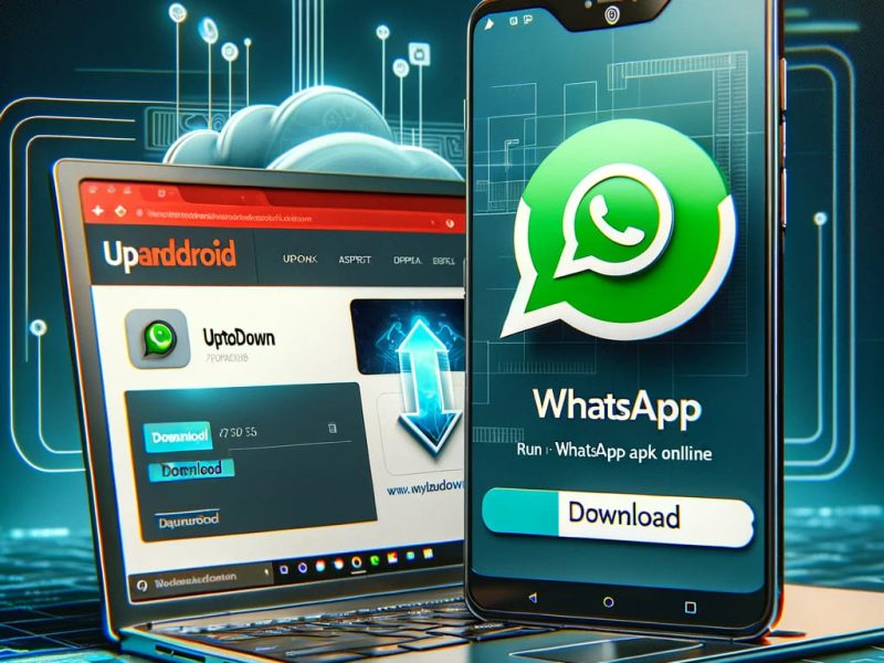 Illustration of integrating Uptodown with MyAndroid to run WhatsApp online. A laptop screen displays the MyAndroid website with an APK upload interface, while a smartphone shows the WhatsApp logo. The Uptodown logo appears above a download button, symbolizing the APK download process. The background features a sleek, tech-themed design with digital and cloud-based elements.