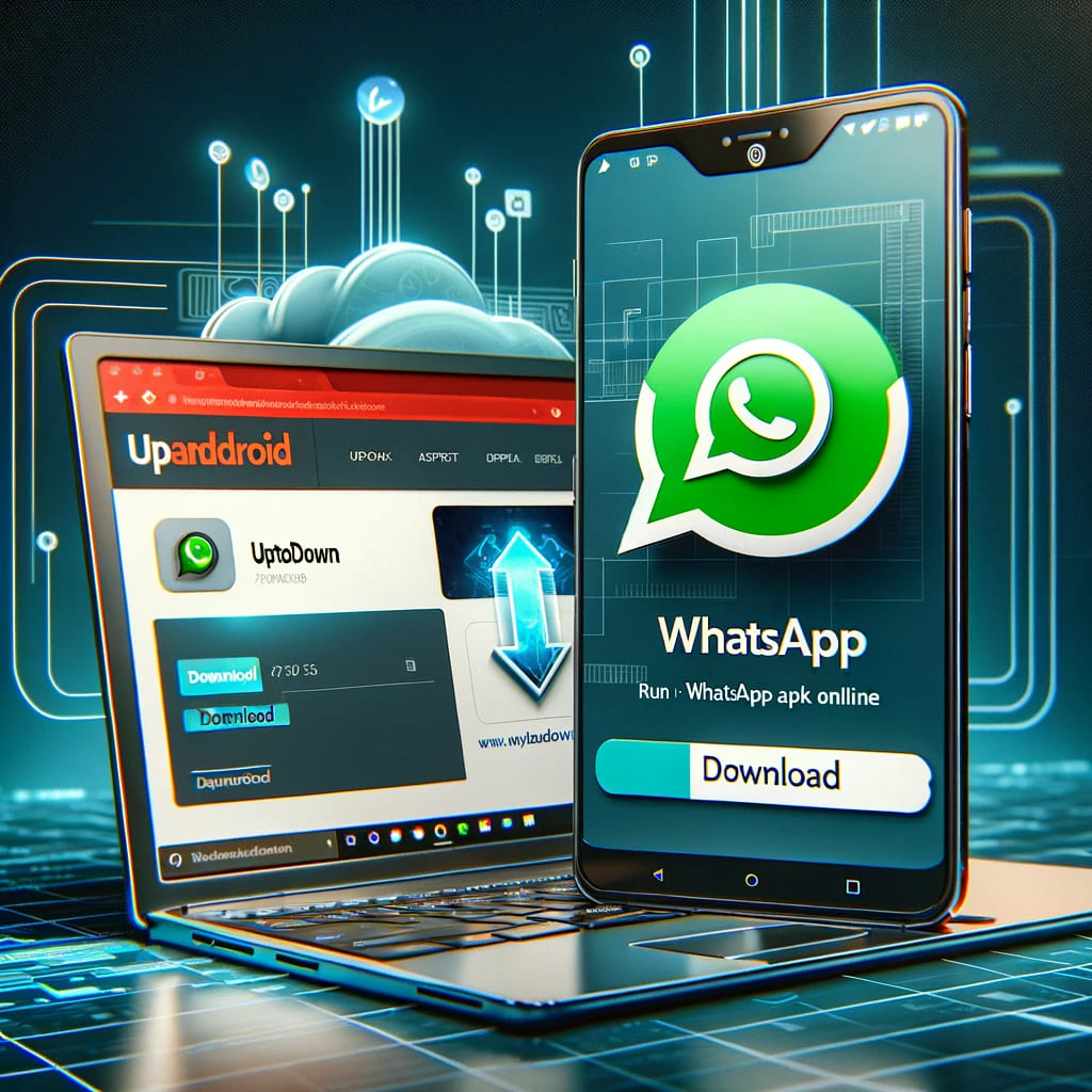 Illustration of integrating Uptodown with MyAndroid to run WhatsApp online. A laptop screen displays the MyAndroid website with an APK upload interface, while a smartphone shows the WhatsApp logo. The Uptodown logo appears above a download button, symbolizing the APK download process. The background features a sleek, tech-themed design with digital and cloud-based elements.