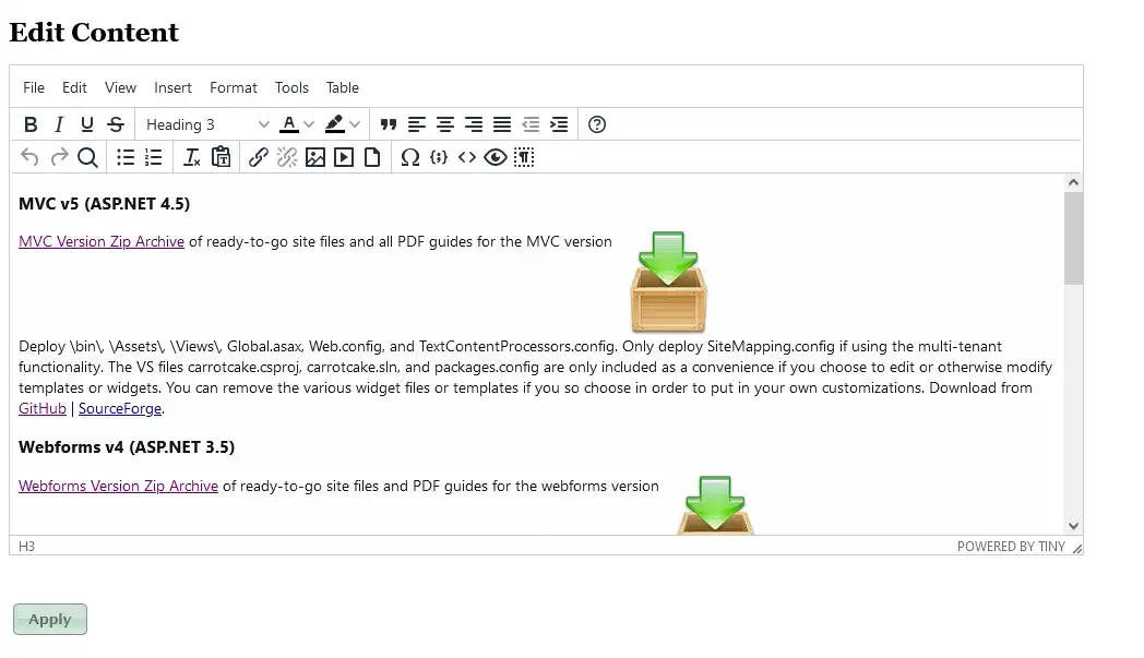 वेब टूल या वेब ऐप CarrotCakeCMS (MVC 5) डाउनलोड करें