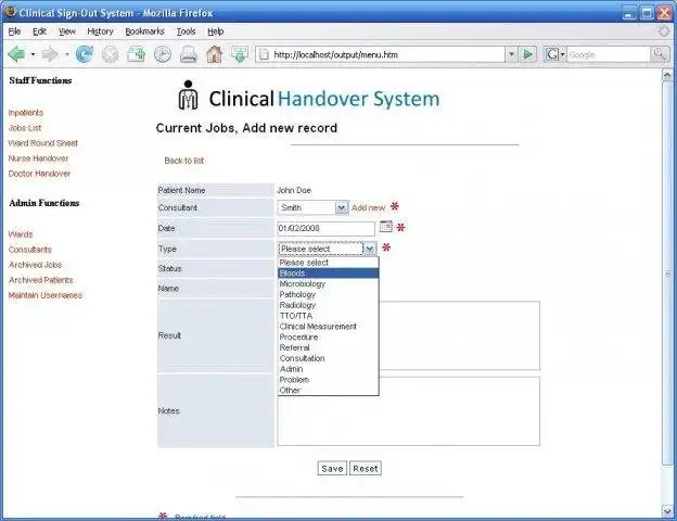 Download web tool or web app Clinical Handover Database