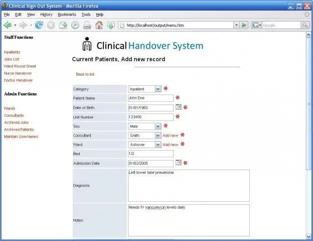 Download web tool or web app Clinical Handover Database