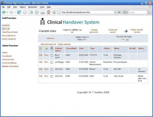 Download web tool or web app Clinical Handover Database