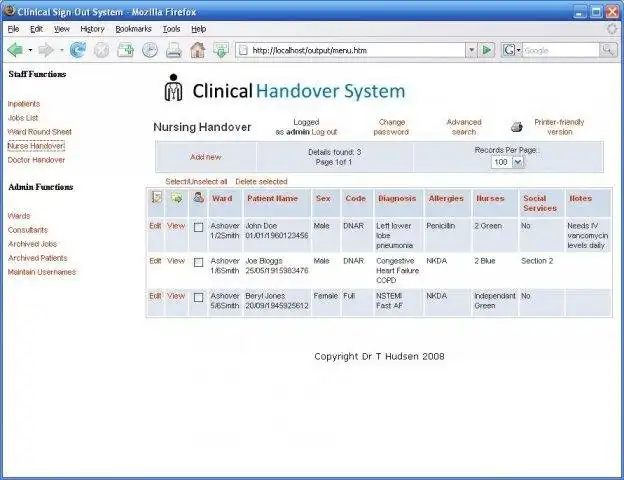 Download web tool or web app Clinical Handover Database