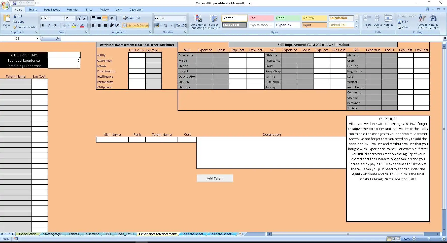 Download web tool or web app Conan RPG 2D20 Spreadsheet