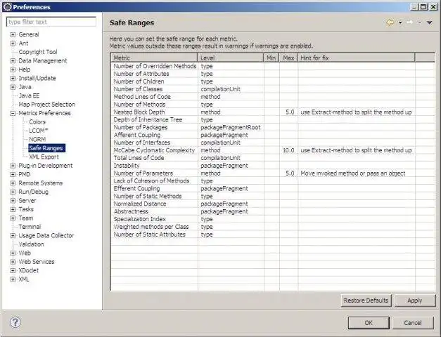 Download web tool or web app Eclipse Metrics plugin continued