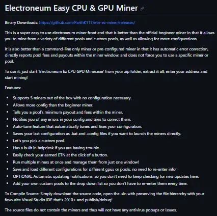 Scarica lo strumento Web o l'app Web Electroneum Easy CPU GPU Miner