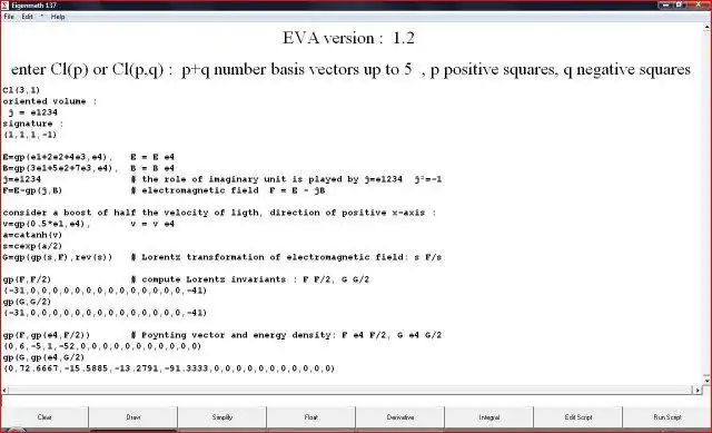 Download web tool or web app EVAlgebra -  Clifford algebra calculator to run in Linux online