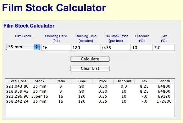 Download web tool or web app Film Stock Calculator to run in Linux online