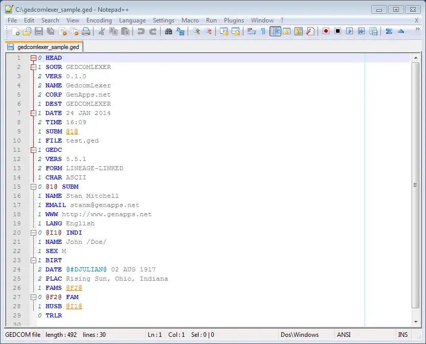 Download web tool or web app GEDCOM Lexer Plugin for Notepad++