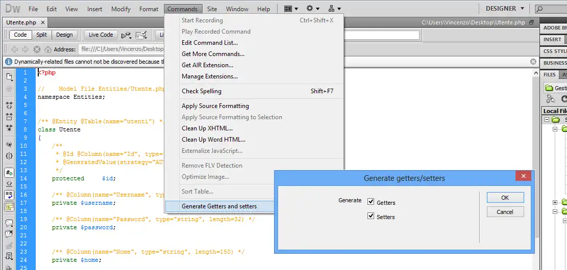 Download web tool or web app Getter/Setter generator for Dreamweaver