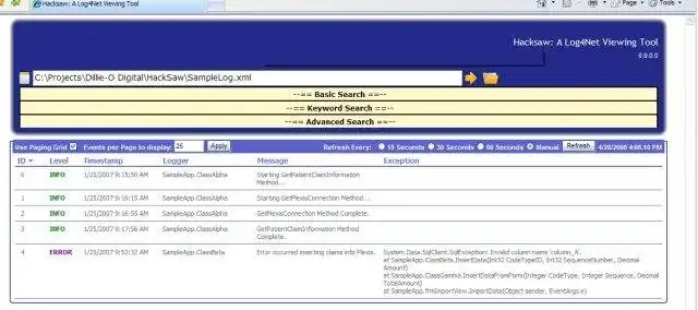 Download web tool or web app HackSaw: A Log4Net Viewing Tool