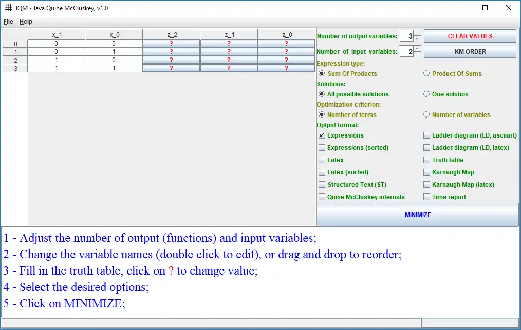 Download web tool or web app JQM Java Quine McCluskey to run in Windows online over Linux online