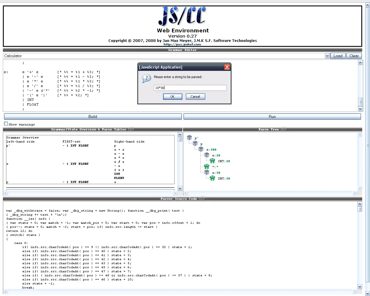 Download web tool or web app JS/CC LALR(1) Parser Generator