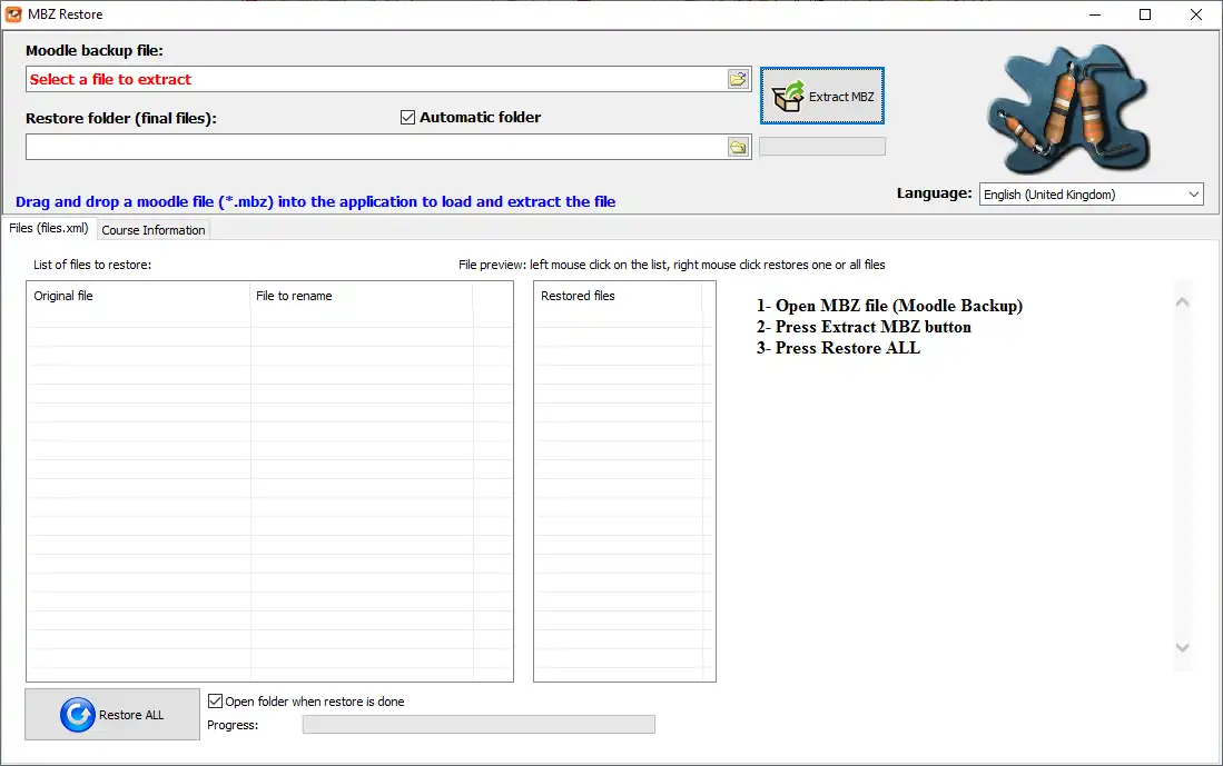 Download web tool or web app MBZ Moodle Restore