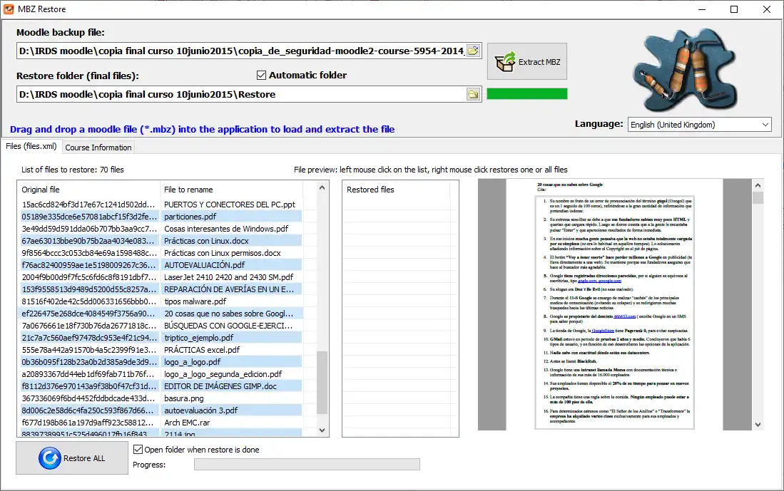 Download web tool or web app MBZ Moodle Restore