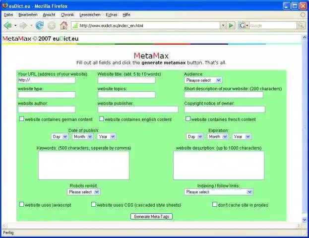 Download web tool or web app metmax_en, the HTML-Meta-Tag generator 