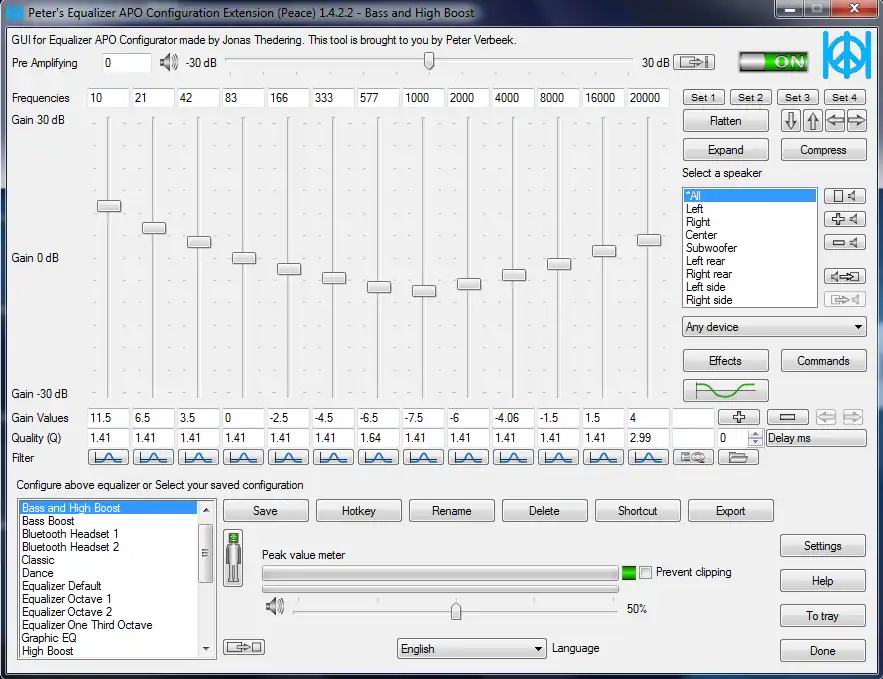 Download web tool or web app Peace Equalizer, interface Equalizer APO