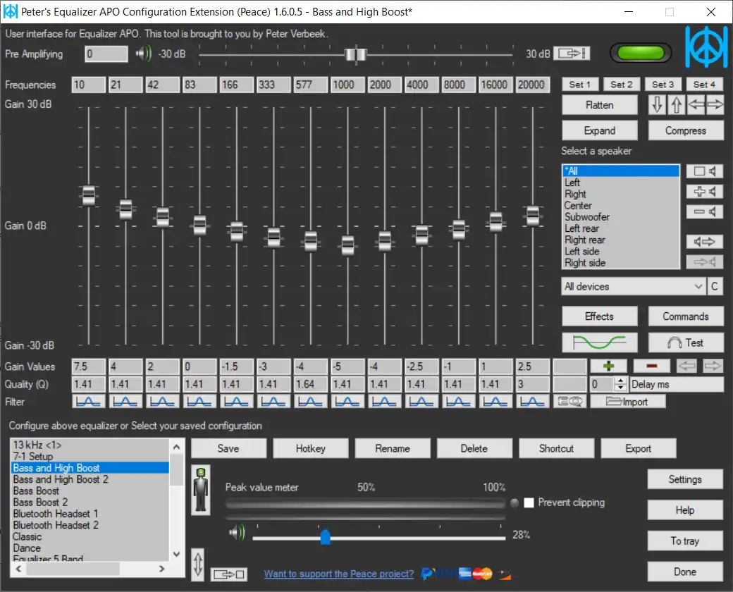 Download web tool or web app Peace Equalizer, interface Equalizer APO