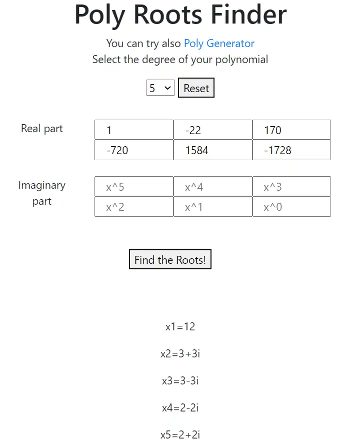 Download web tool or web app Poly Roots Finder