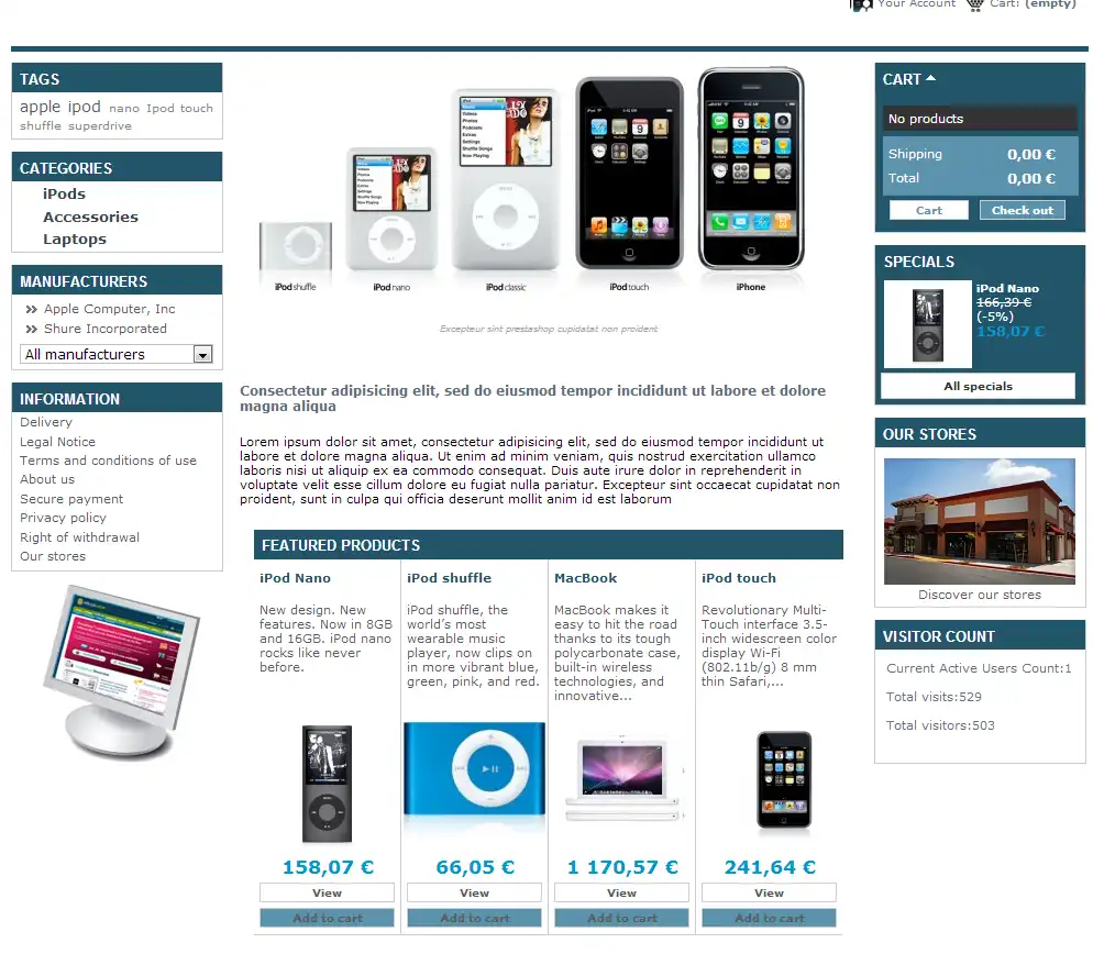 Download web tool or web app PrestaShop Template: Electronics (Blue)