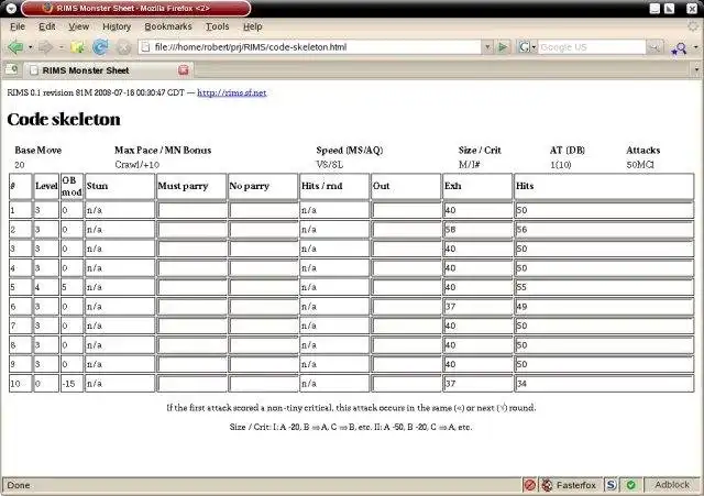 Download web tool or web app Rolemaster Individual Monster Sheet