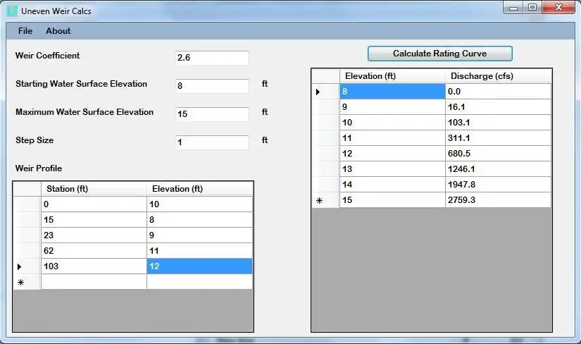 Download web tool or web app Uneven Weir Calcs