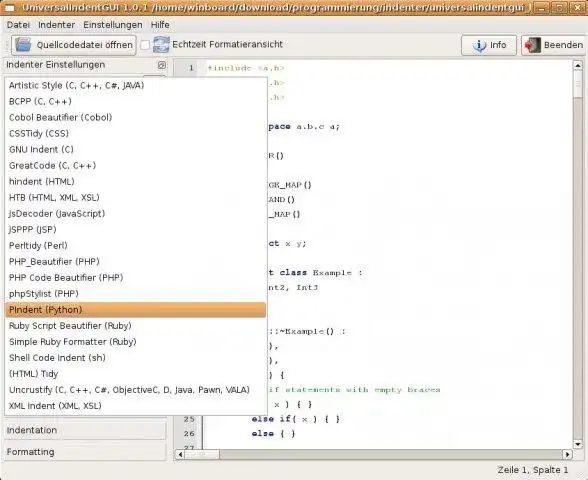 Download web tool or web app UniversalIndentGUI to run in Windows online over Linux online