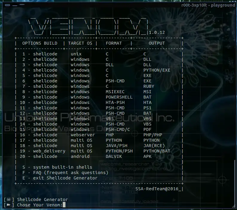 Download web tool or web app venom - shellcode generator