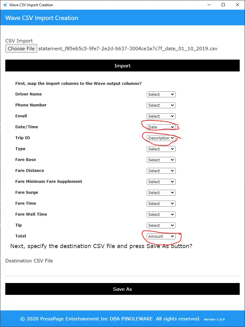 Download web tool or web app Wave CSV Import Creation