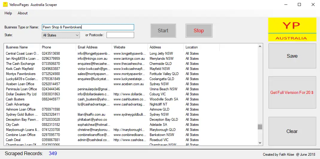 Download web tool or web app YellowPages Australia Scraper